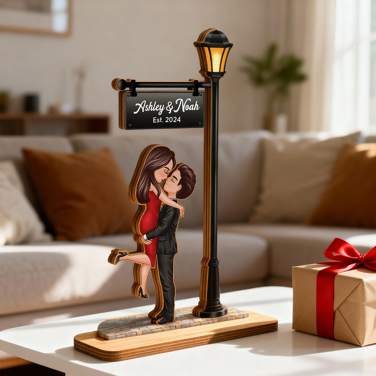 Couple Kissing Under Lamp Post Forever Love - Personalized 2-Layer Wooden Plaque - Heartfelt Anniversary Gift For Her, For Wife