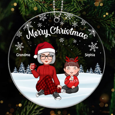 Cute Grandma & Grandkids Sitting In Snow Personalized Acrylic Ornament