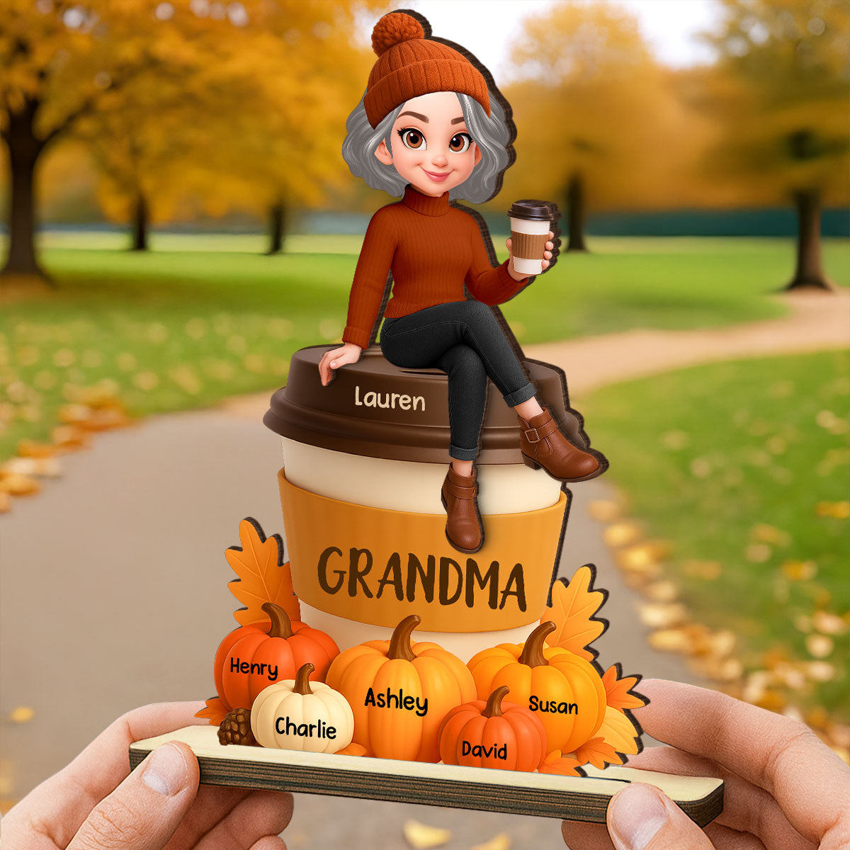 Grandma Mom Sitting On Pumpkin Spice Latte Grandkids Names Personalized 2-Layer Standing Wooden Plaque, Fall Season Decoration