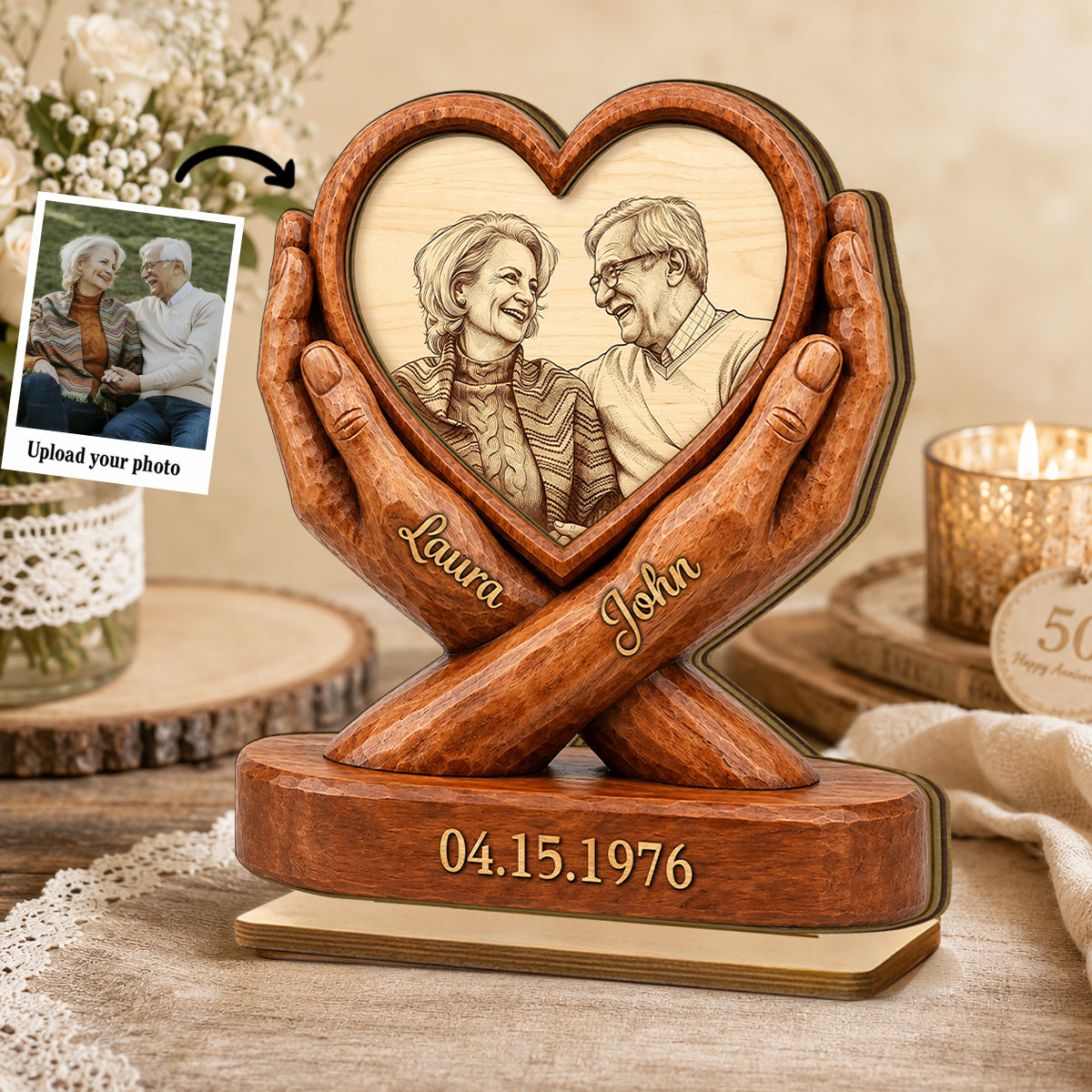 Custom Couple Photo Anniversary - Personalized 2-Layered Wooden Plaque - Heartfelt Gift for Her, for Him