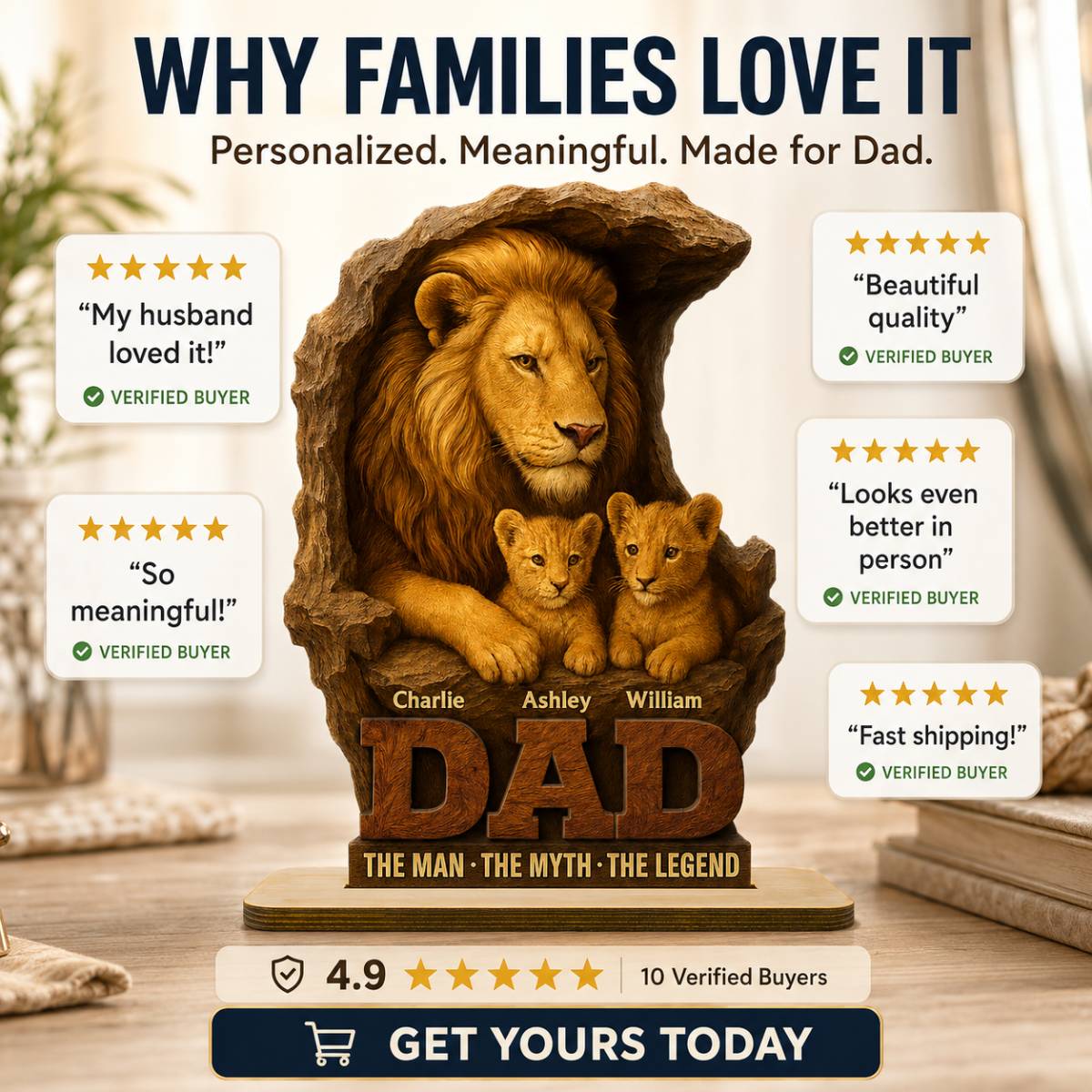 Lion Dad And Kids Personalized 2- Layer Standing Wooden Plaque, Unique Father's Day Gift For Dad