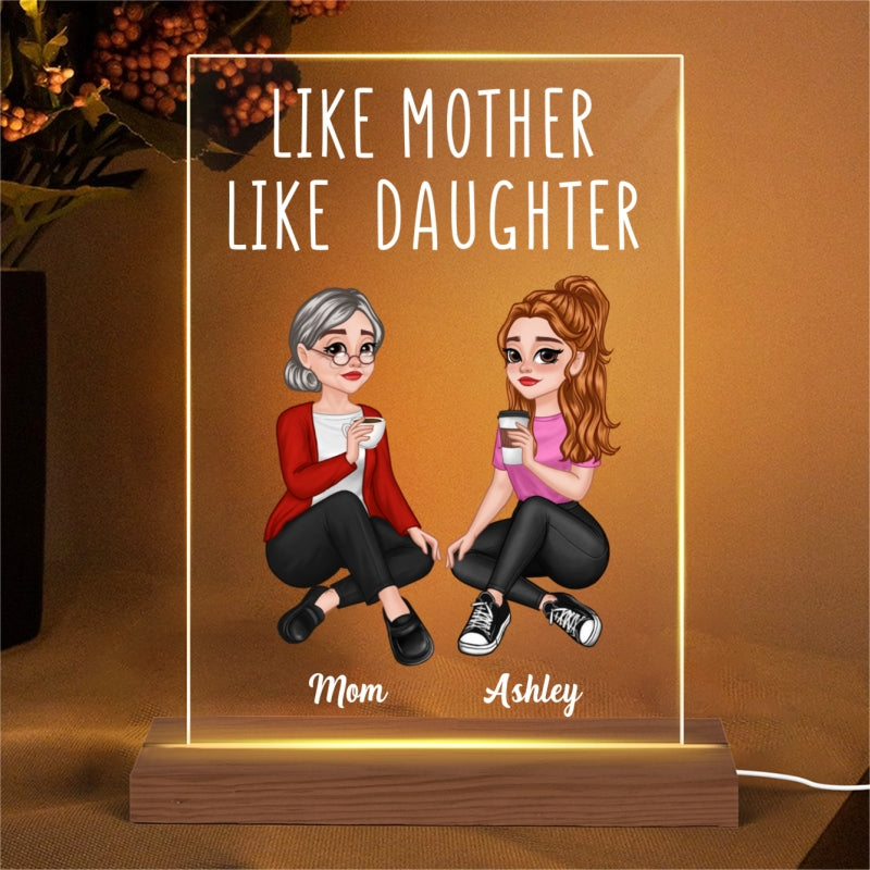 Like Mother Like Daughter Pretty Cartoon Mom & Daughter Personalized Rectangle Acrylic Plaque With LED Night Light