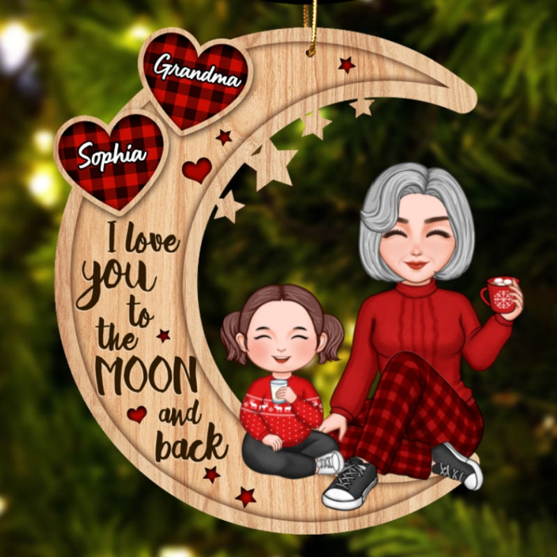 Checkered Pattern Heart Cute Grandma & Grandkid Sitting On Moon Personalized Wooden Ornament