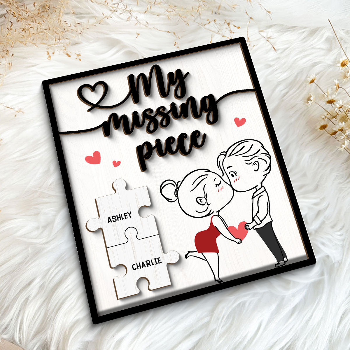 My Missing Piece Line Art Couple Valentine‘s Day Gift For Her Gift For Him Personalized 2-Layer Wooden Plaque