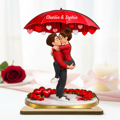 Couple Hugging Kissing Under Umbrella - Personalized 2-Layered Wooden Plaque - Anniversary, Valentine's Day Gift, Gift For Him, Gift For Her