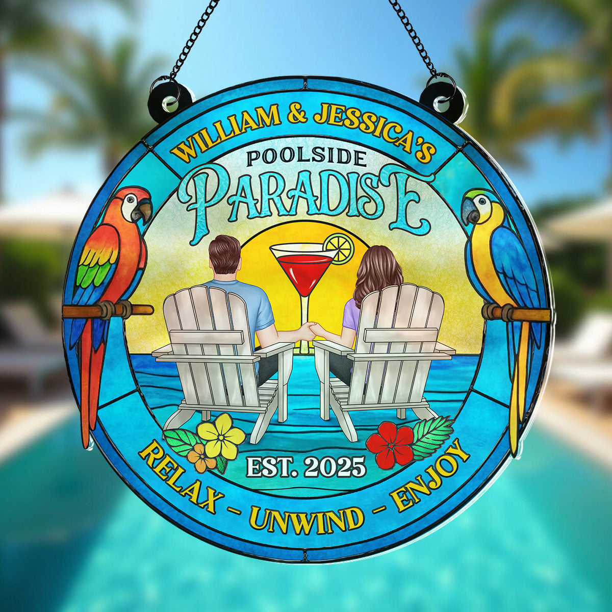 Couple Poolside Paradise Tropical Personalized Acrylic Suncatcher