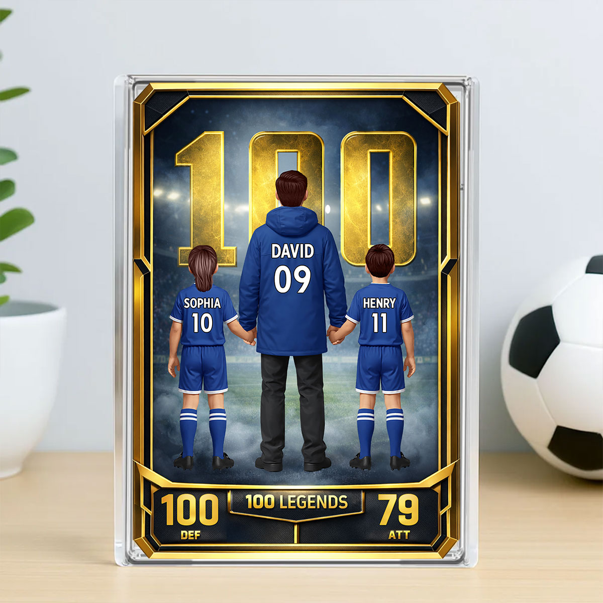 Father And Kids 100 Legends Trading Card - Personalised Acrylic Block Plaque - UK Father's Day Gift For Football Dad
