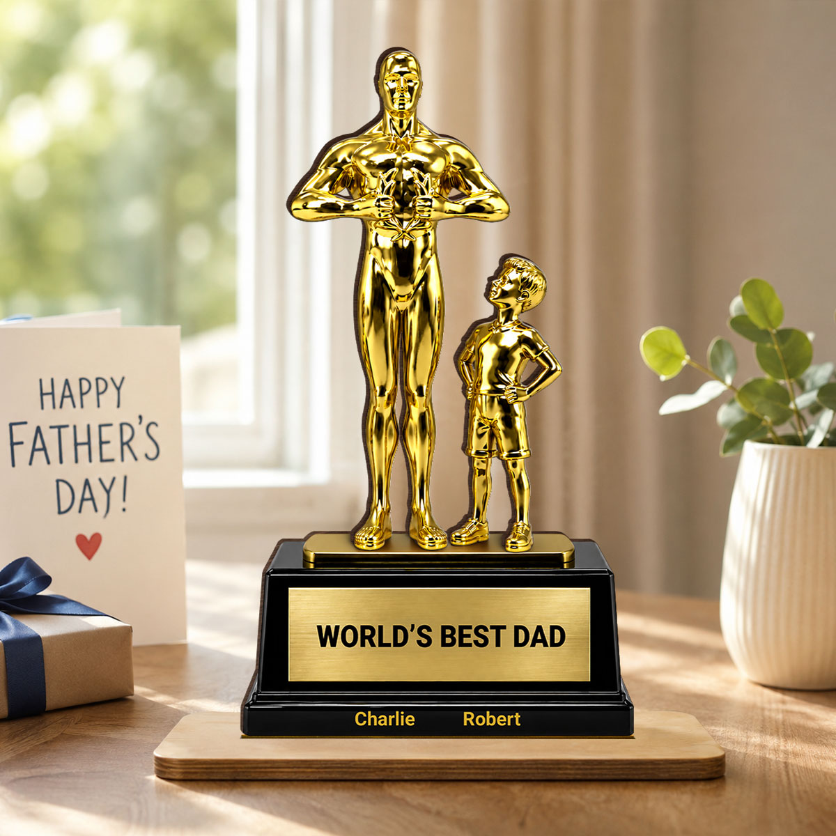 World's Best Dad Trophy - Personalized 2-Layered Wooden Plaque - Father's Day Gift for Dad, Husband