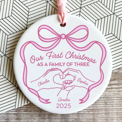 Family Heart Hand First Christmas As Family Of Three Christmas Personalized Ceramic Ornament