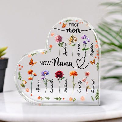 First Mom Now Grandma Beautiful 3D Effect Birth Month Flowers Personalized Heart Shape Acrylic Block Plaque