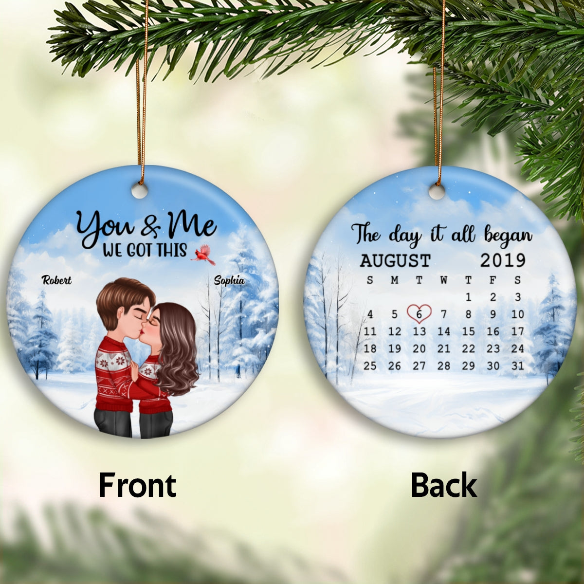 The Day It All Began Couple Kissing Anniversary Date Calendar Personalized Double Sided Circle Ornament