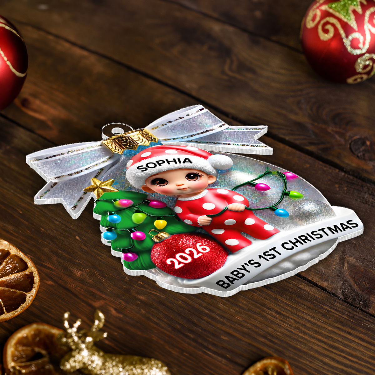 Baby First Christmas 3D Effect Personalized Acrylic Ornament, Christmas Tree Bow, New Parents Keepsake, Gift for Newborn