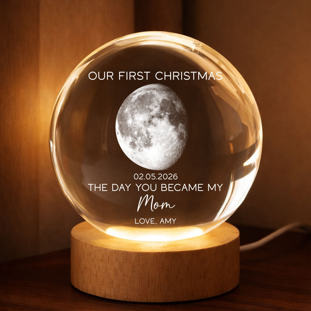 The Day You Became My Mom Dad Custom Moon Phase First Christmas - Personalized Crystal Ball LED Night Light - Christmas Gift For New Mom, New Dad, New Parents