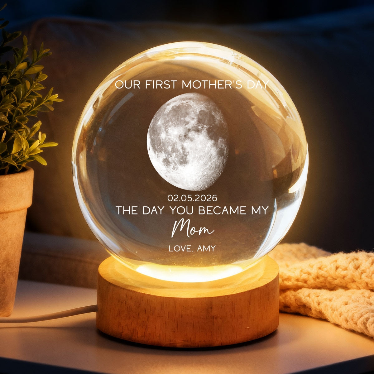 The Day You Became My Mom Custom Moon Phase First Mother's Day - Personalized Crystal Ball LED Night Light - First Mother's Day Gift For New Mom