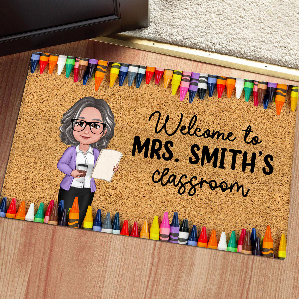 Teacher Classroom Crayon Border - Personalized Doormat - Back To School Gift, Classroom Decoration
