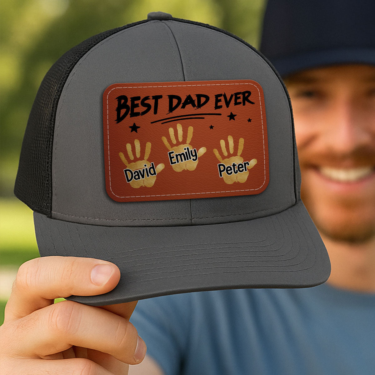 Best Dad Ever Handprints Personalized Leather Patch Hat