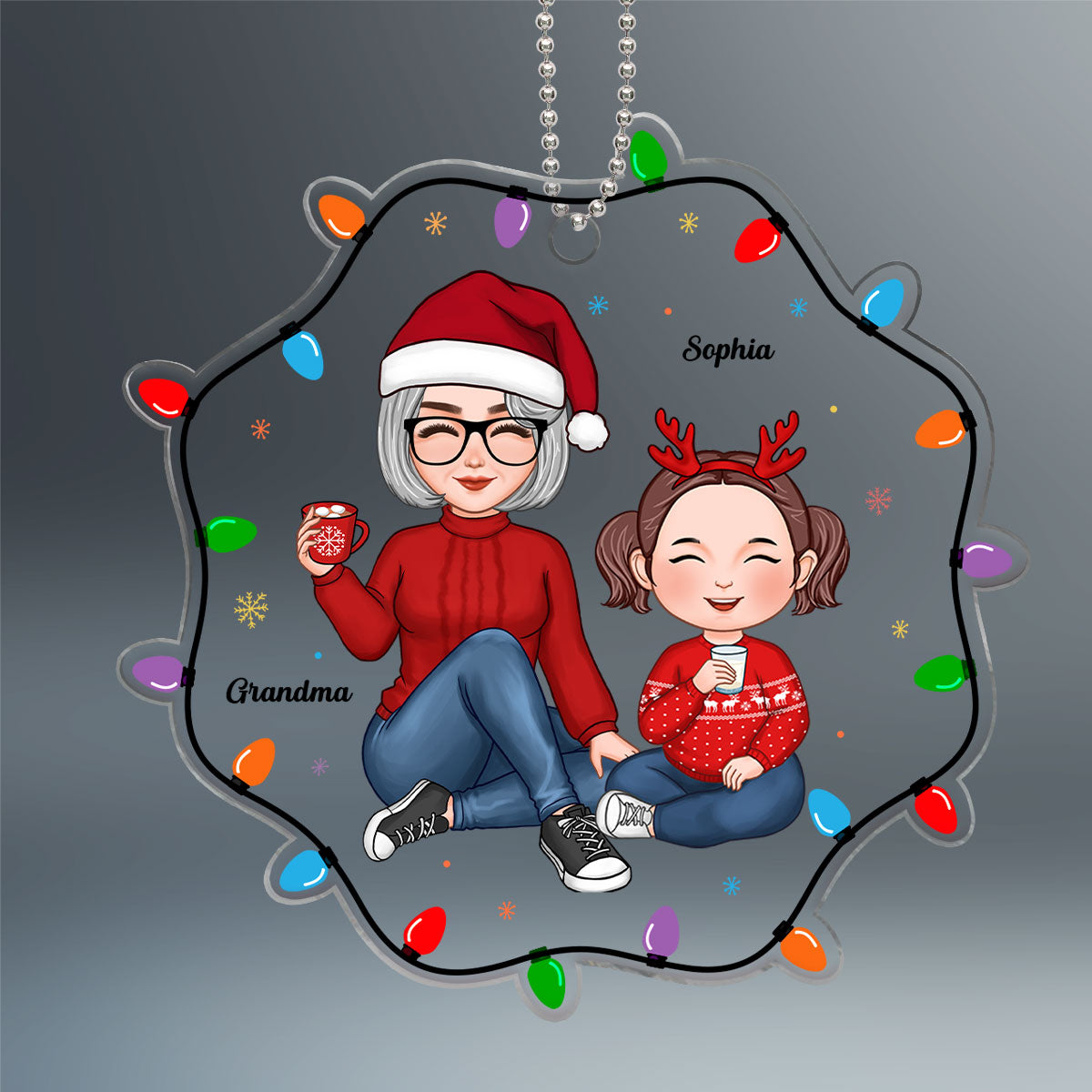 Cute Grandma Grandkid Sitting Inside Christmas Light String Personalized Acrylic Ornament
