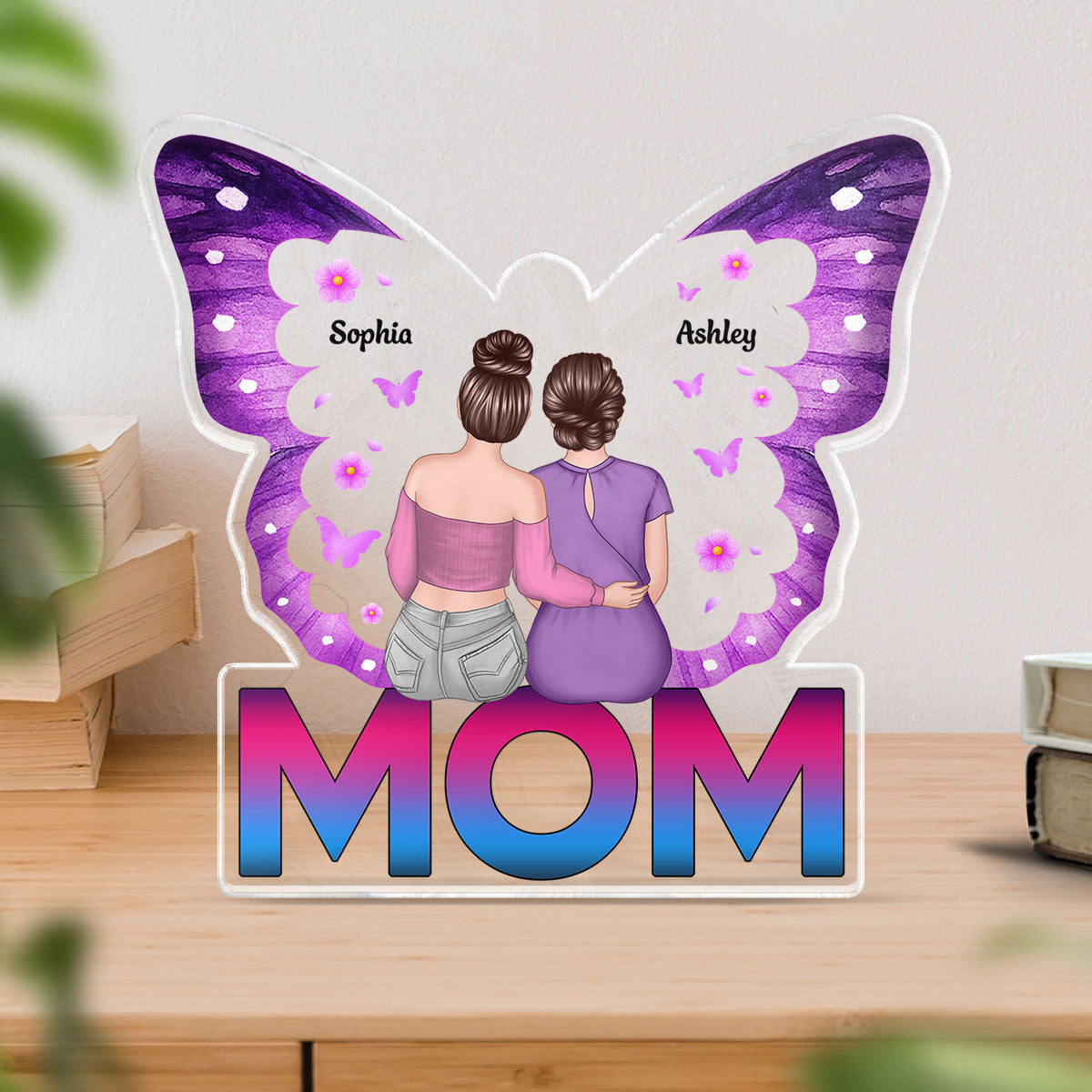 MOM Butterfly Sitting Back View Personalized Acrylic Block, Gift for Mom
