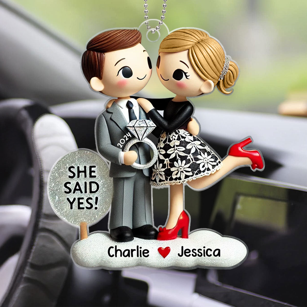 Couple Engagement Ornament She Said Yes, Personalized 2D Flat Acrylic Car Hanger Ornament,  Gift for him, Gift for her