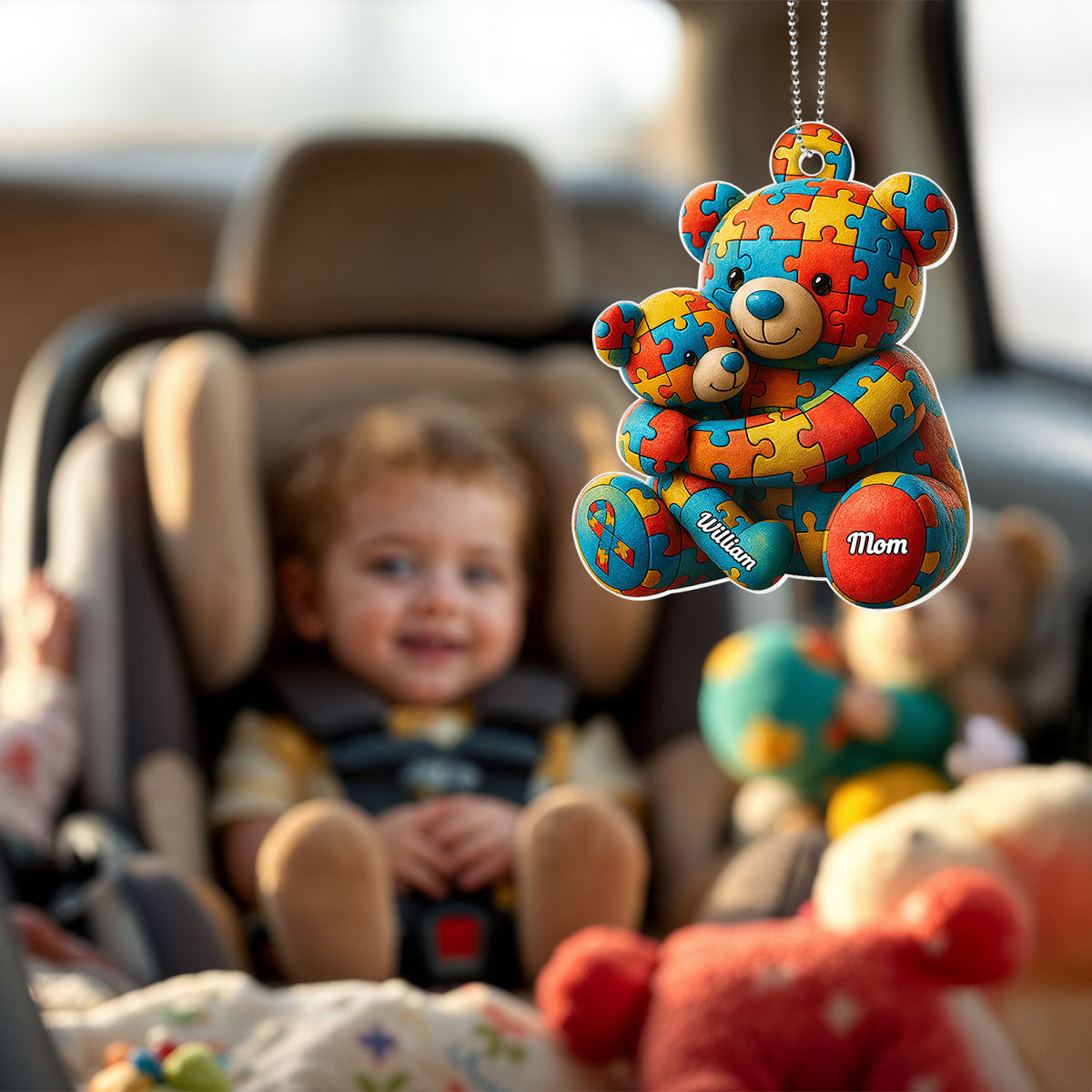 Autism Bear Mom & Kid Autism Awareness Personalized Car Hanger Ornament