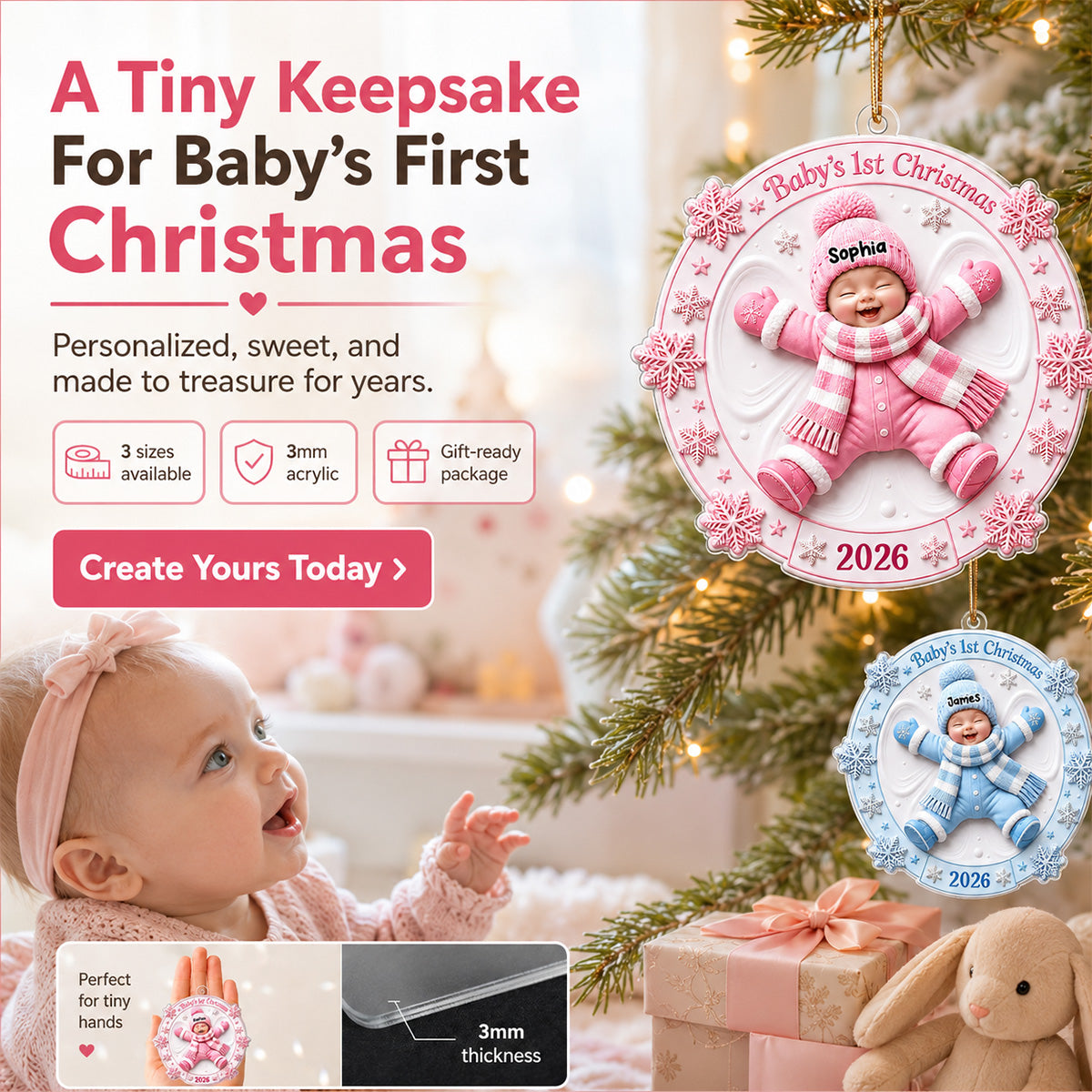 Baby First Christmas Snow Angel 2D Flat - Personalized Acrylic Ornament - Christmas Keepsake