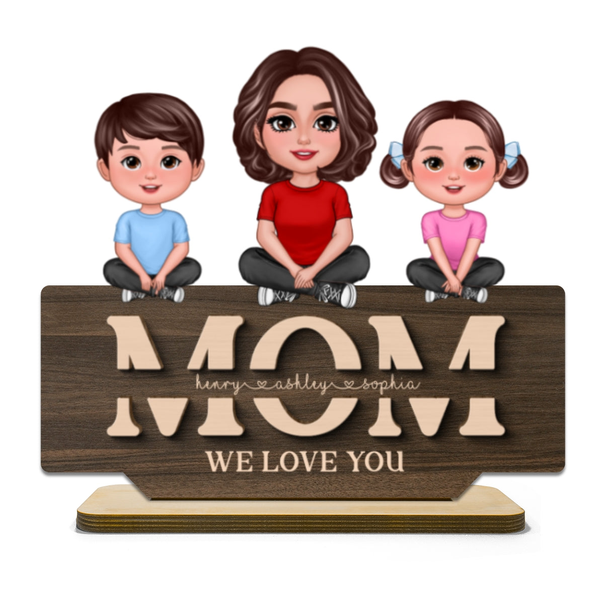 Mom Grandma We Love You Mother & Children Sitting On Word Personalized 2-Layer Standing Wooden Plaque