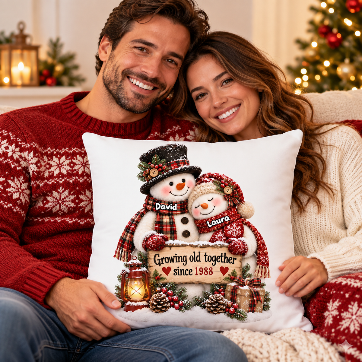 Snowman Couple Hugging Growing Old Together - Personalized Pillow - Heartfelt Christmas Gift for Her, for Him