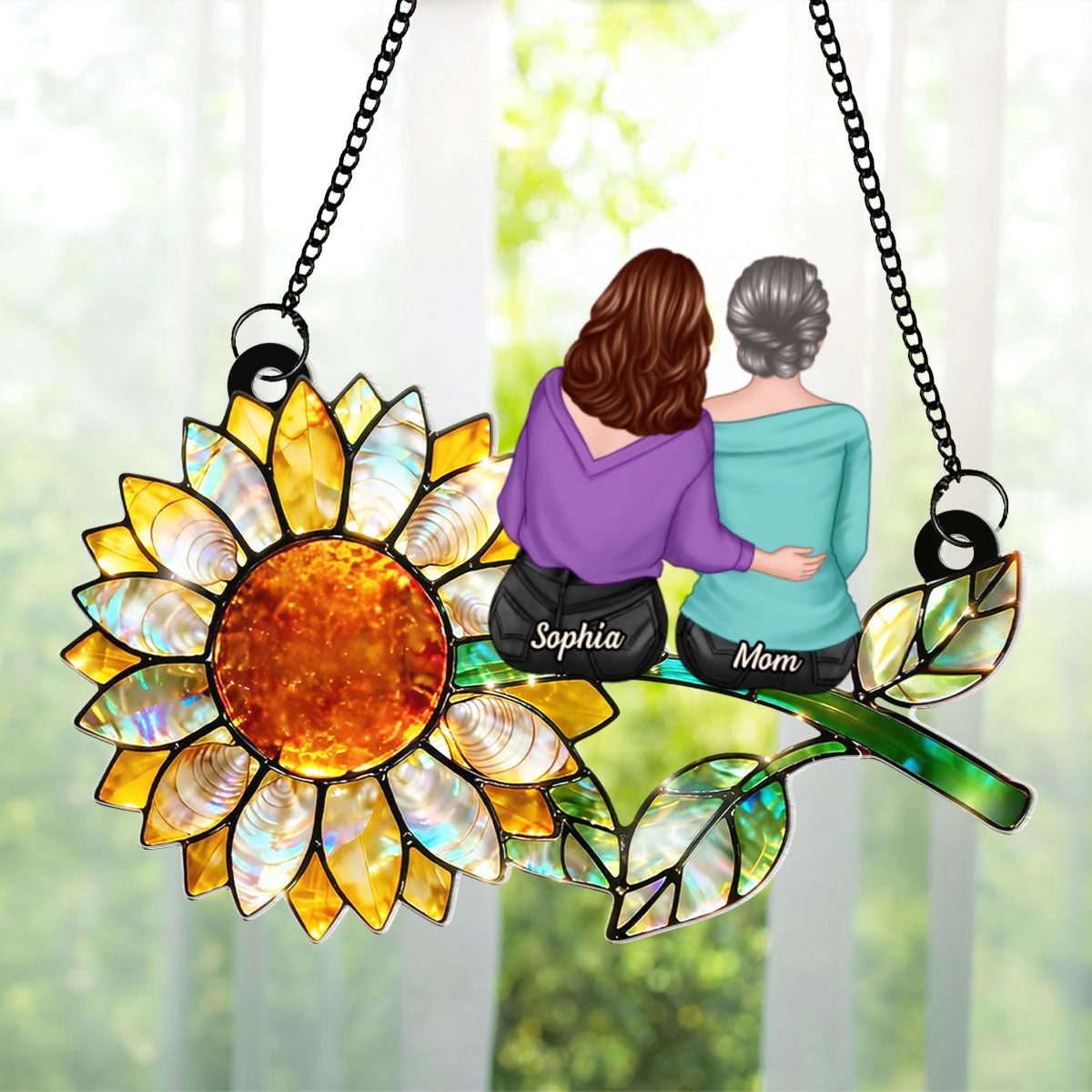 Mother Daughter Sunflower - Personalized Acrylic Window Hanging - Mother's Day Gift for Mom