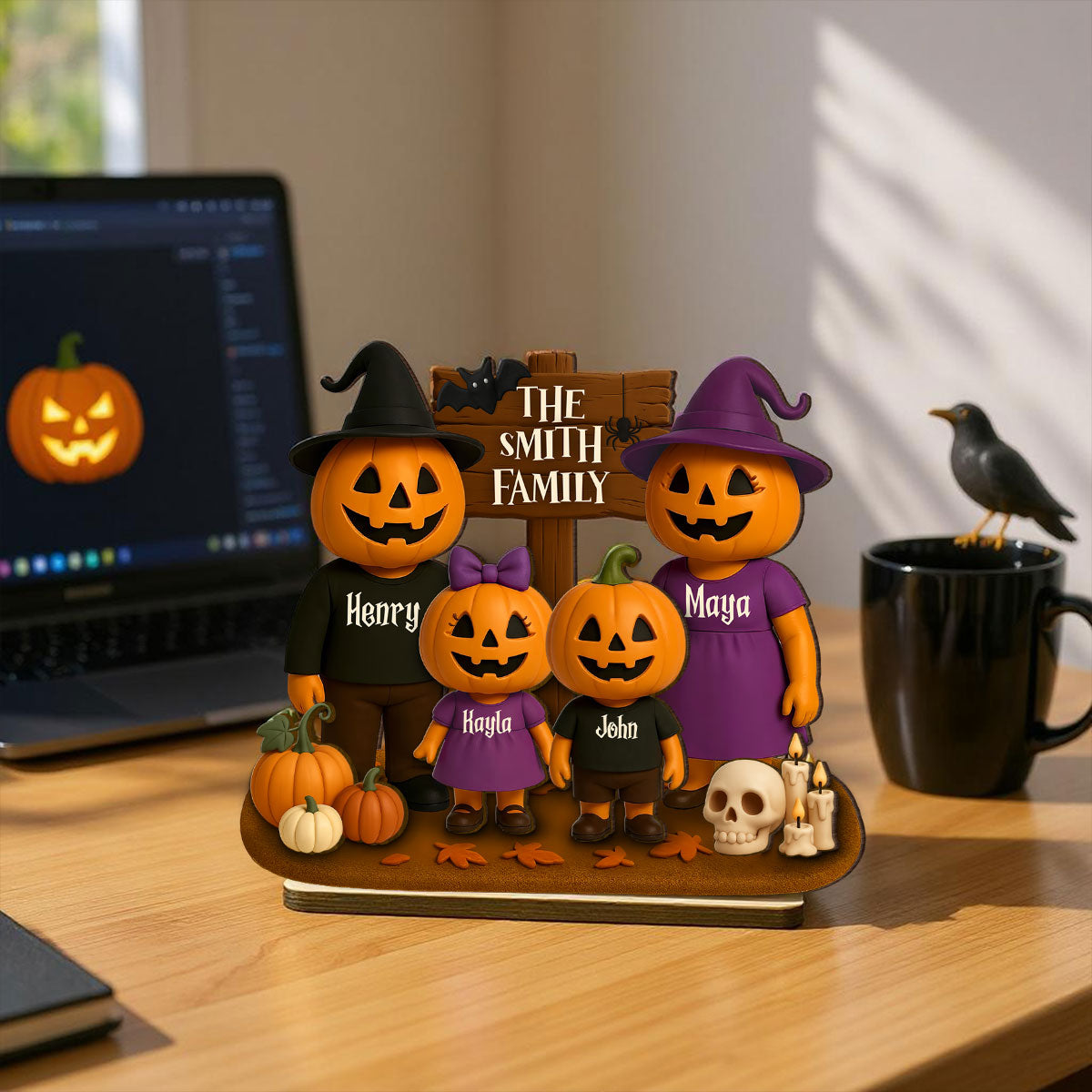 Jack O' Lantern Grandparents, Grandkids 3D Effect Personalized 2-Layered Standing Wooden Plaque, Halloween Decor