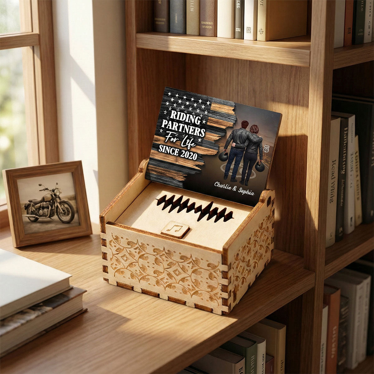 Eternal Love Back View Biker Couple Riding Partners For Life Half Nation Flag - Personalized Wooden Music Box - Gift For Couple, Bikers, Gift For Him, For Her
