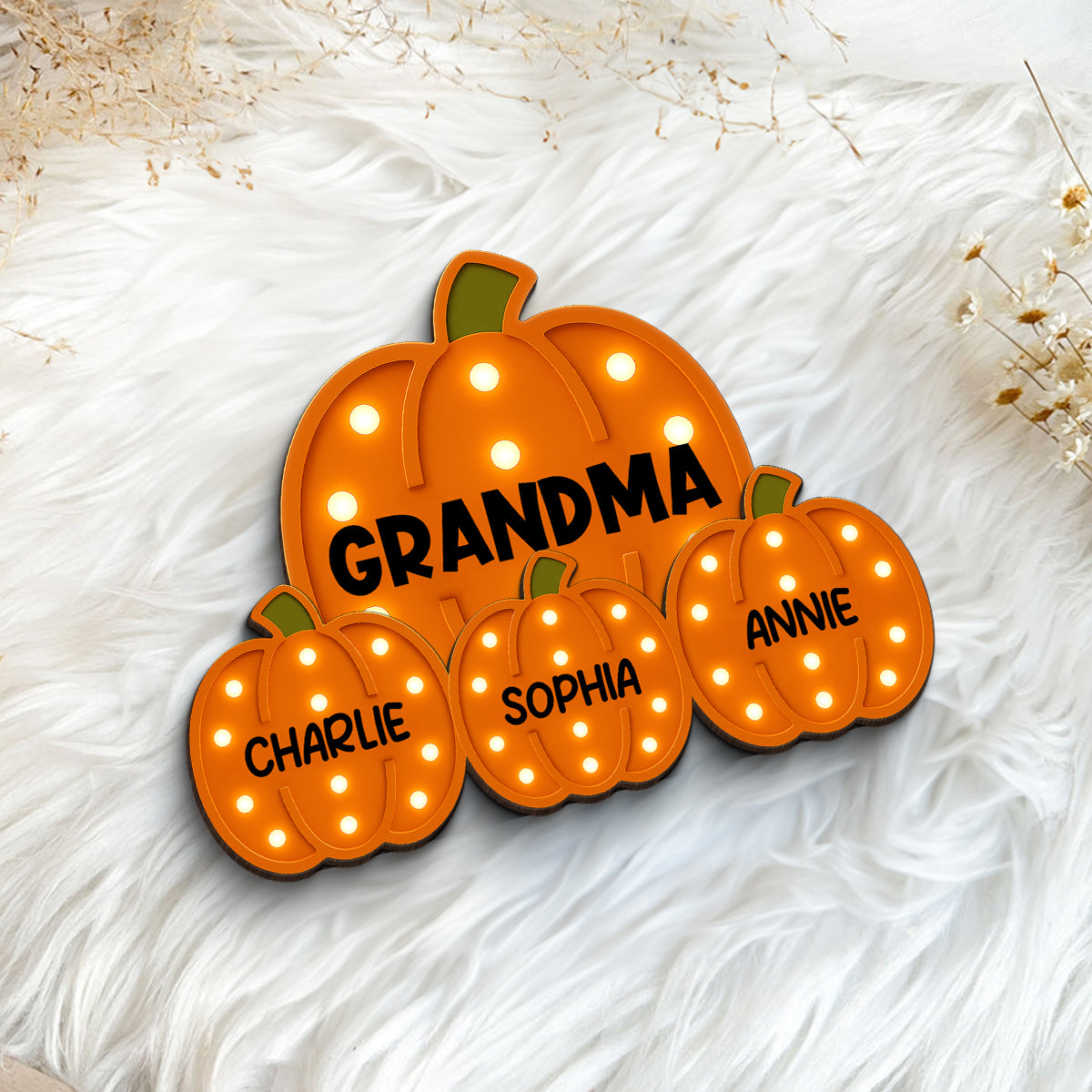 Grandma Little Pumpkins Faux Marquee Pattern Personalized 2-Layer Wooden Plaque, Cozy Fall Season Home Decor
