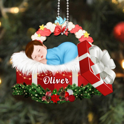 Baby Sleeping In Christmas Gift Box Personalized Wooden Ornament