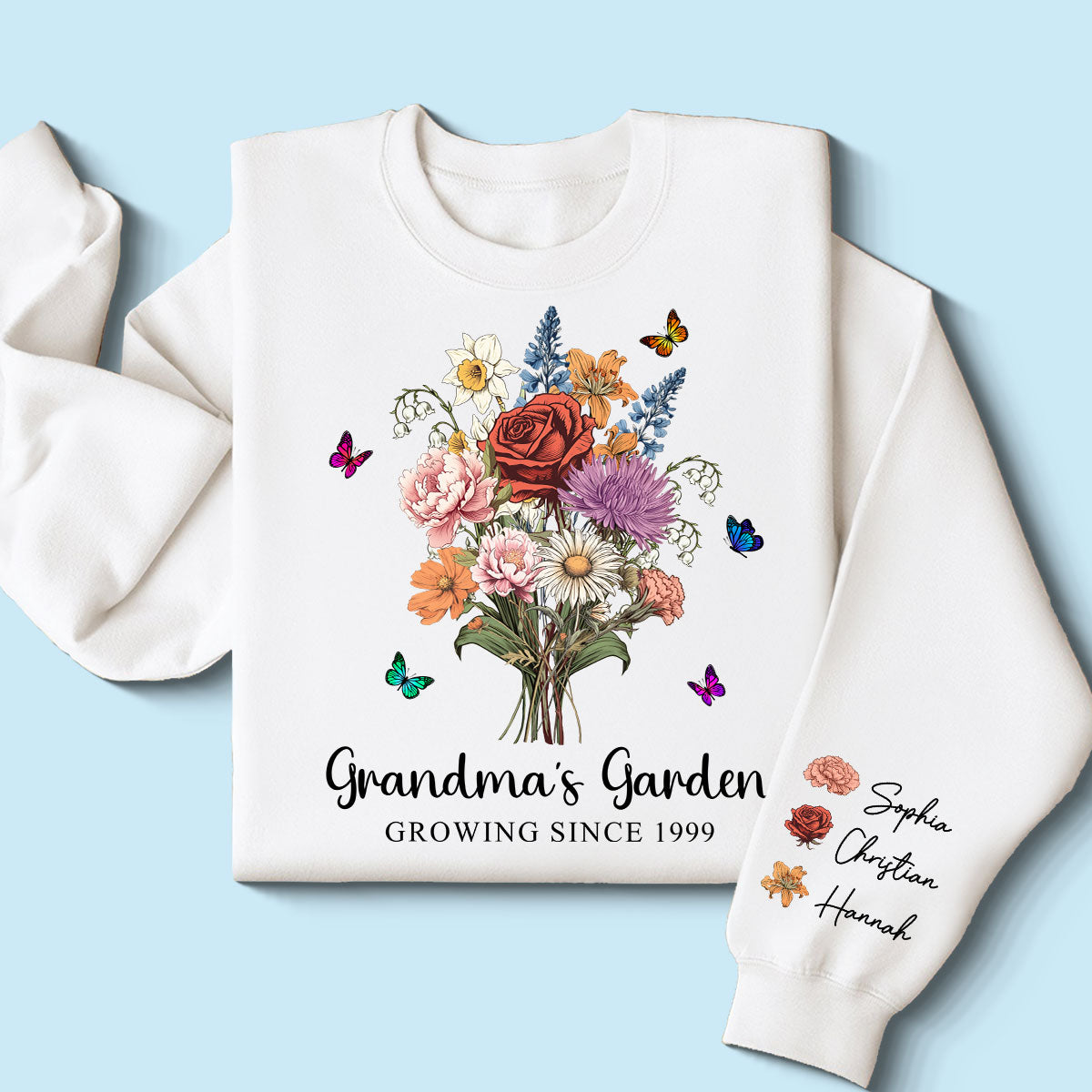 Grandma‘s Garden Vintage Birth Month Flowers Bouquet Personalized Sleeve Printed Sweatshirt