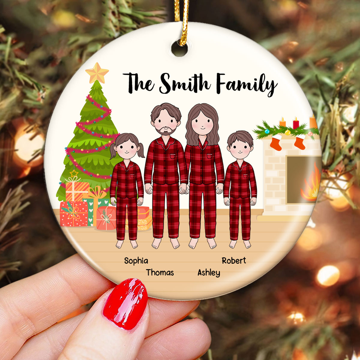 Simple Cartoon Family Dad Mom Kid Dog Cat Personalized Circle Ornament