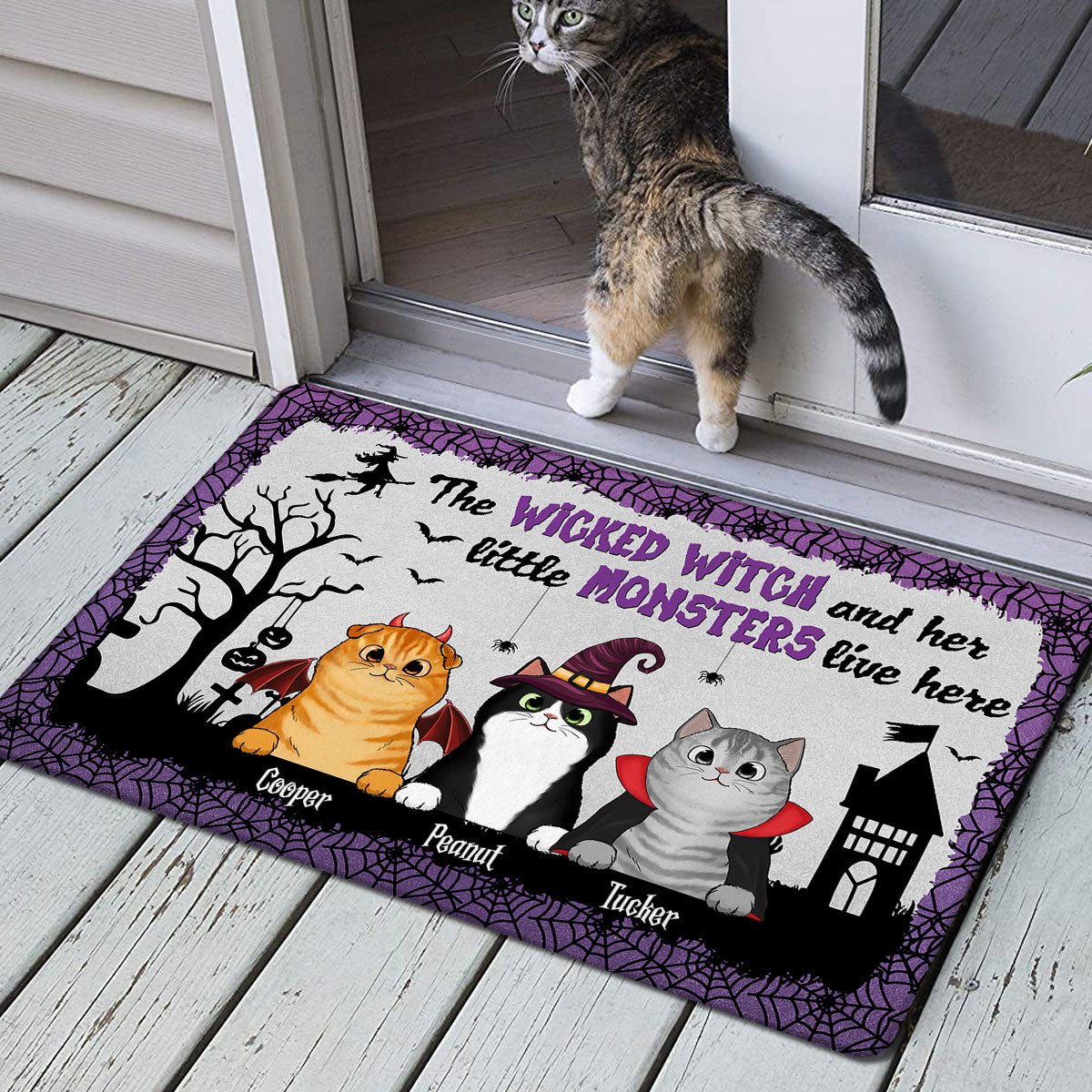 Wicked Witch And Monster Cats Live Here Halloween Spider Net Personalized Doormat