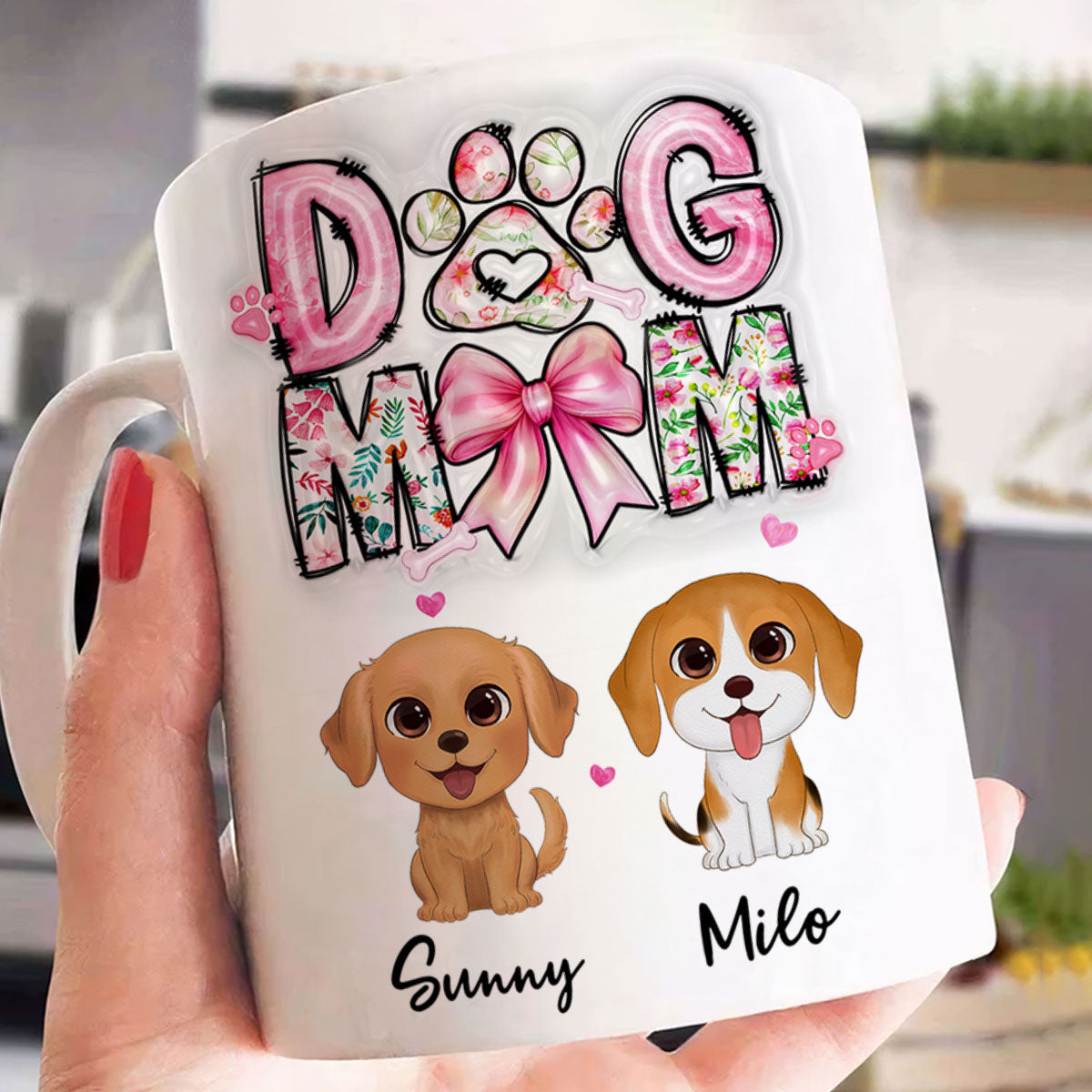 Dog Mom Pink Coquette Personalized 3D Inflated Mug, Watercolor Cute Dog, Gift for Dog Moms