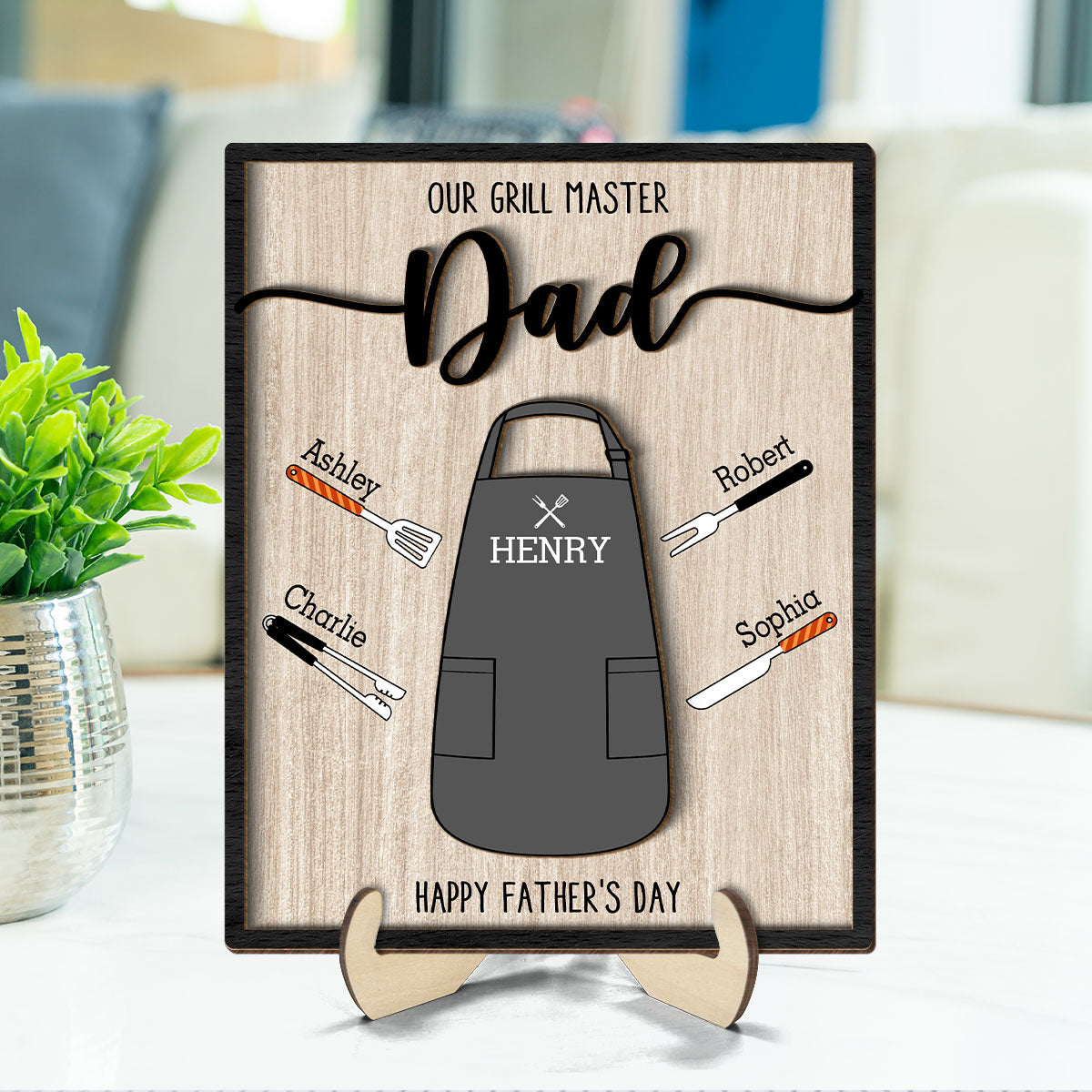 Our Grill Master Apron And Tools With Kids' Names Personalized 2-Layer Wooden Plaque, Father's Day Gift For Husband, For Dad, For Grandpa