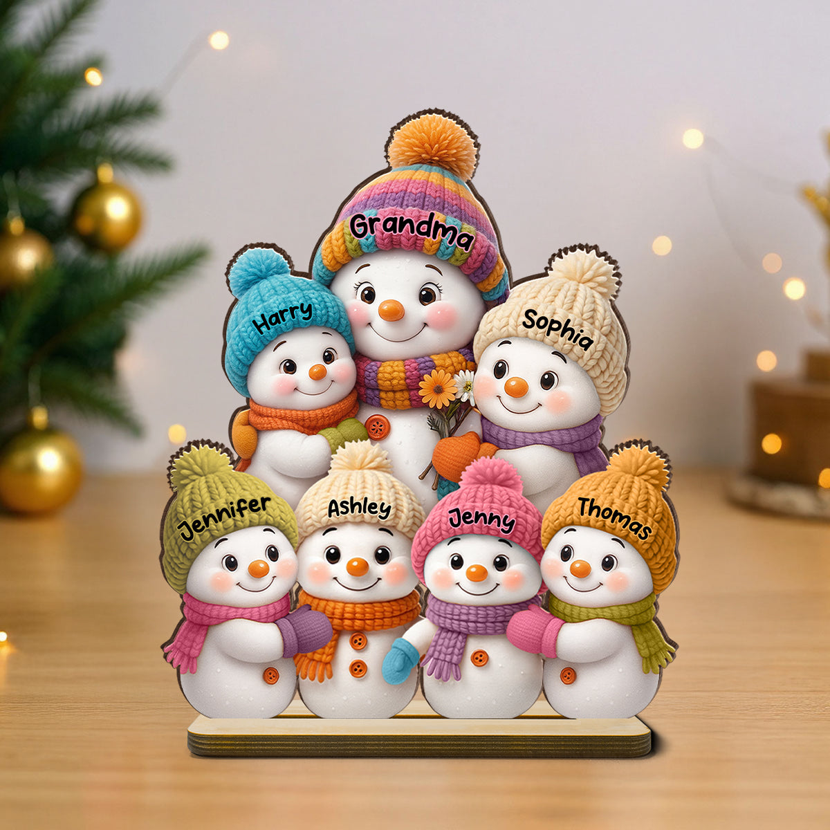 Snowman Grandma and Grandkids - Personalized Wooden Plaque - Fireplace Decor, Christmas Table Centerpiece
