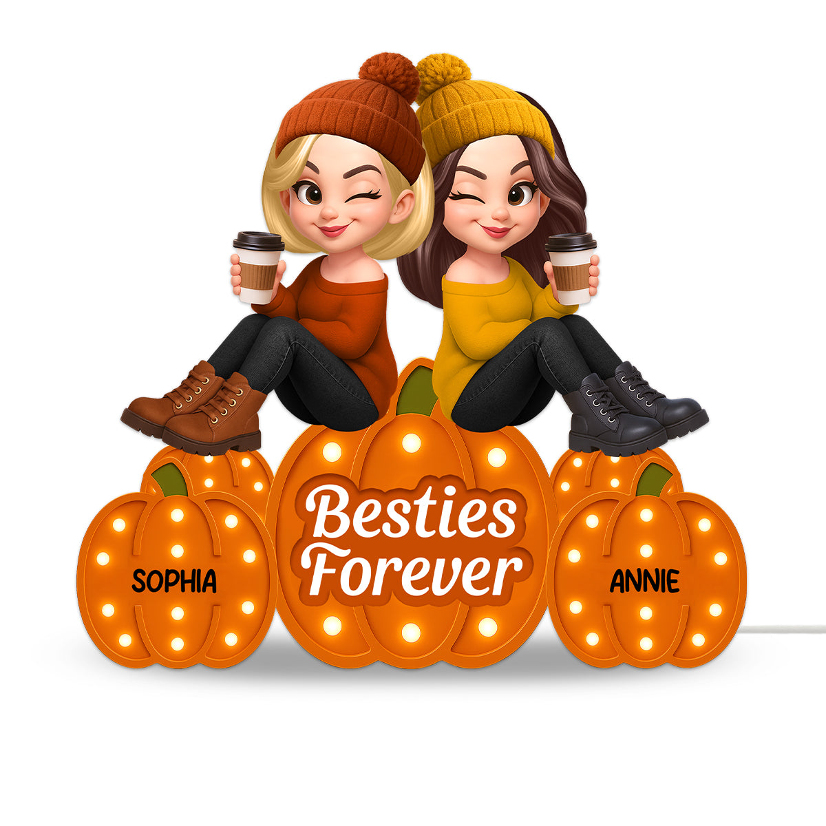 Fall Season Besties Sitting On Marquee Pattern Texture Pumpkins Personalized LED Light Box, Fall Gift For Best Friends