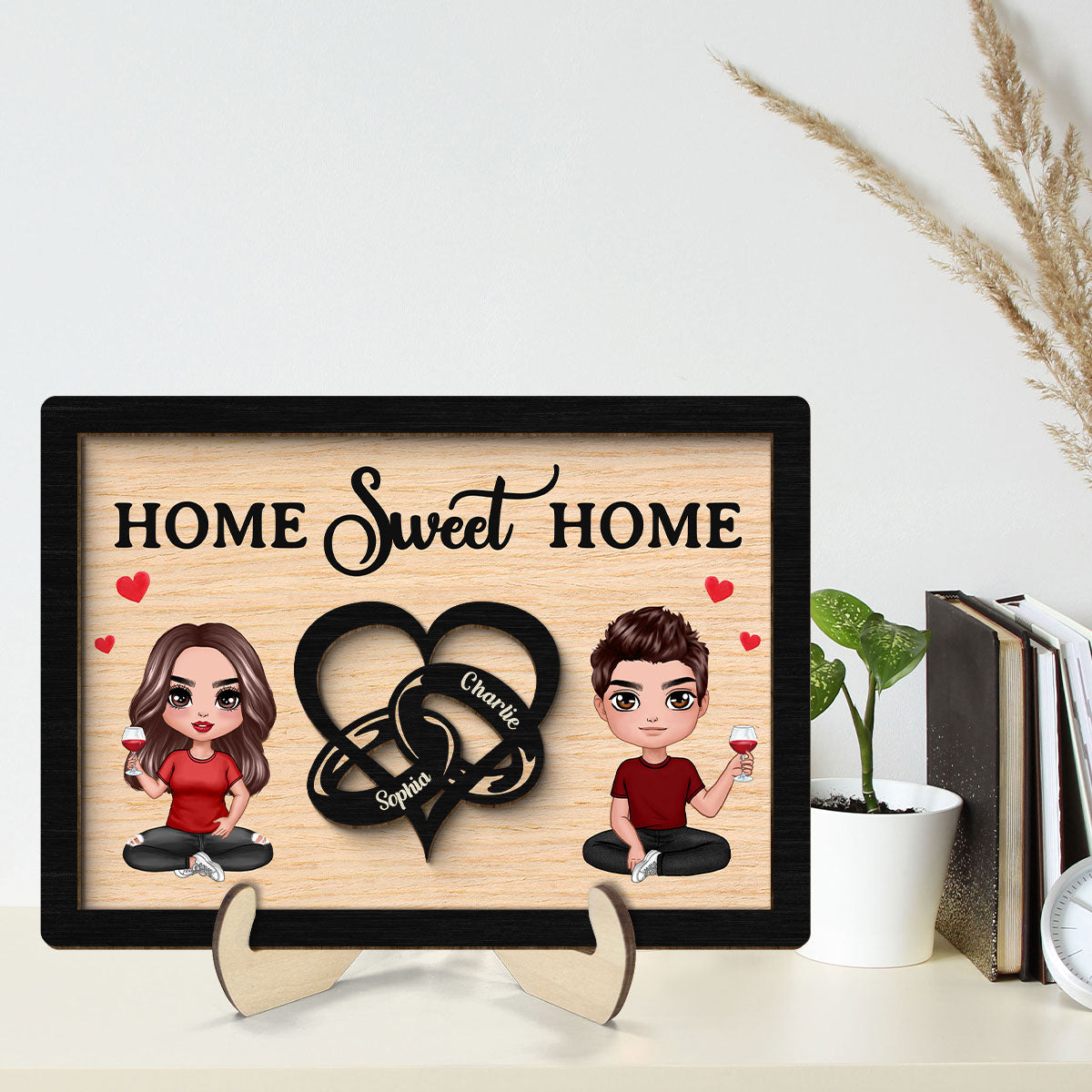 Doll Couple Heart Rings Valentine‘s Day Gift Personalized 2-layer Wooden Plaque