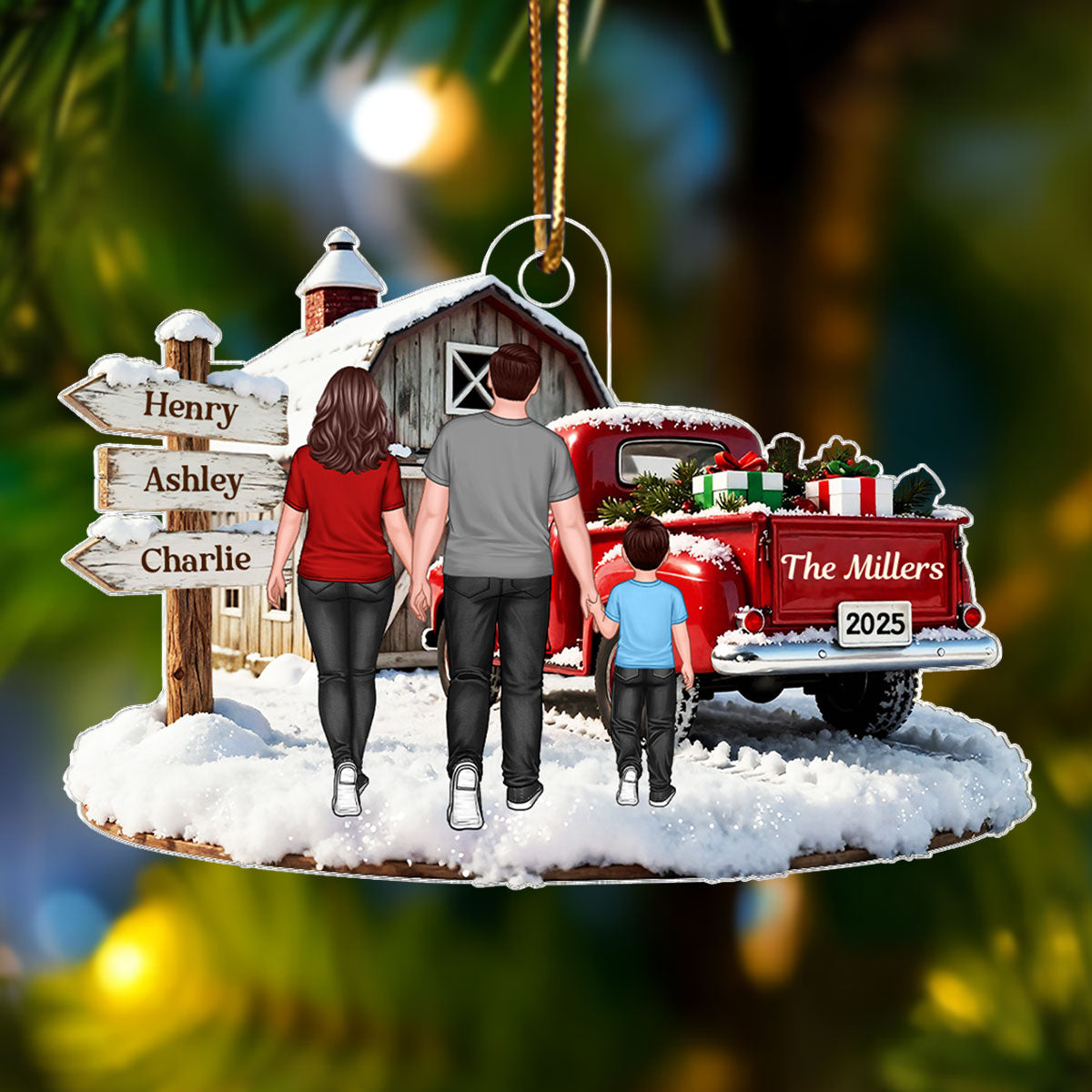 Christmas Truck Barn House Family Sign Post - Personalized Acrylic Ornament - Christmas Gift For Family