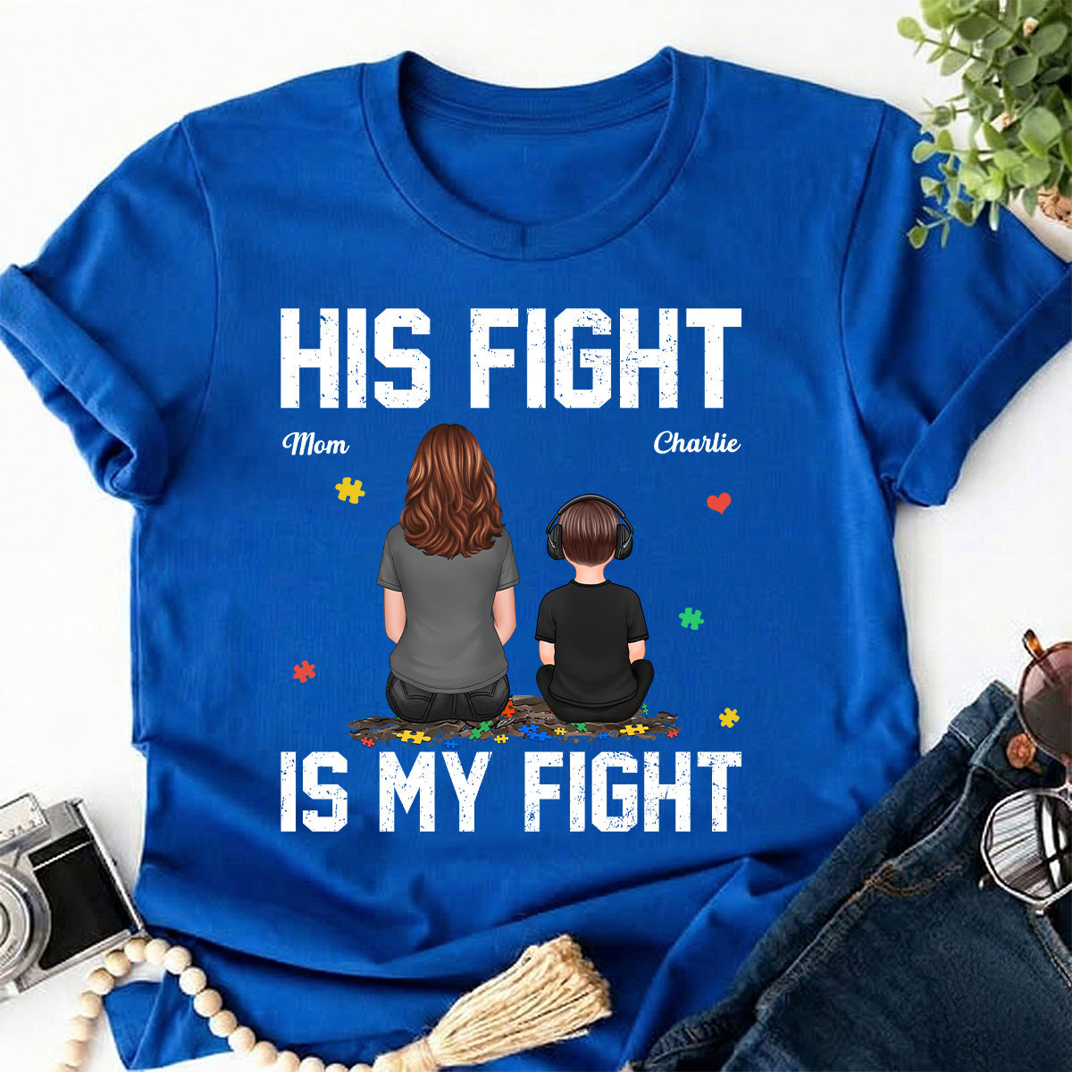 His Fight Is My Fight Autism Back View Parent & Kid - Personalized Shirt - Autism Awareness Shirt