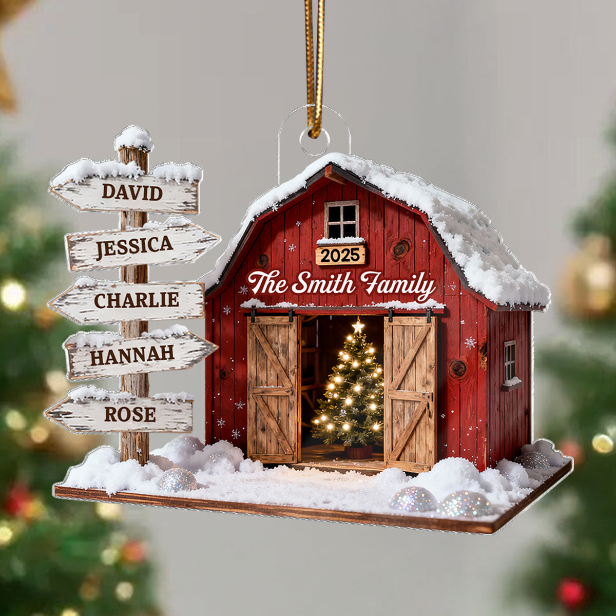 3D Effect Christmas Flat Nostalgia Barn House Family Sign Posts - Personalized Acrylic Ornament - Gift For Family, Farmhouse Decor
