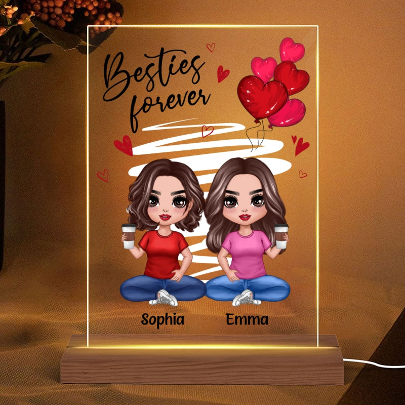 Red Hearts Doll Women Sitting Gift For Best Friends Sisters Siblings Personalized Rectangle Acrylic Plaque LED Night Light