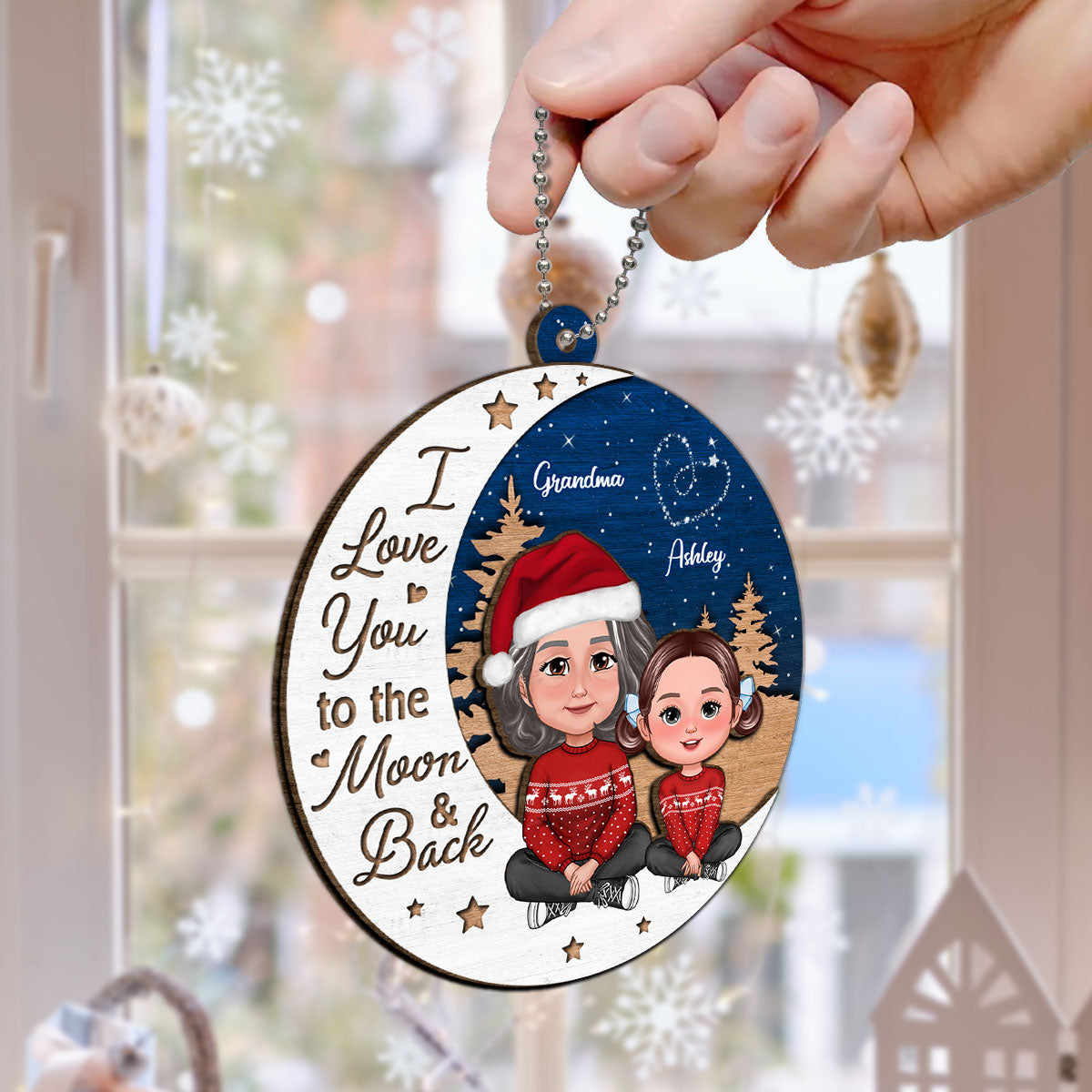 Grandma Grandkid Love You To Moon And Back Christmas Personalized 2-Layer Wooden Ornament