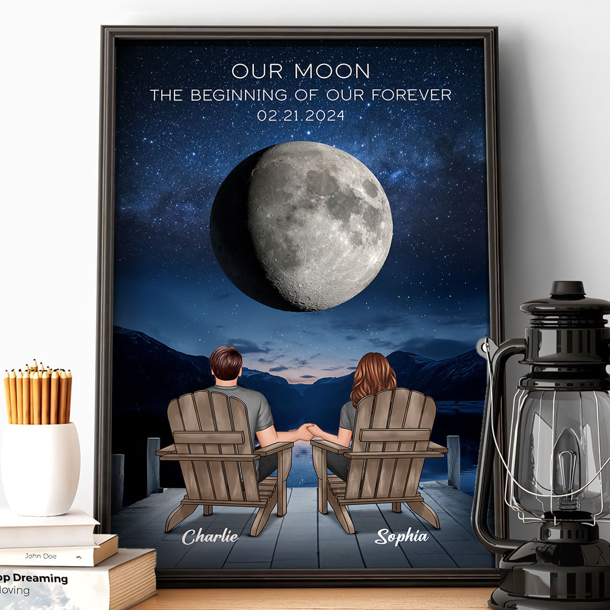 Our Moon Couple Back View Moon Phase Art Anniversary Gift For Him, Gift For Her Wedding Gift Personalized Poster