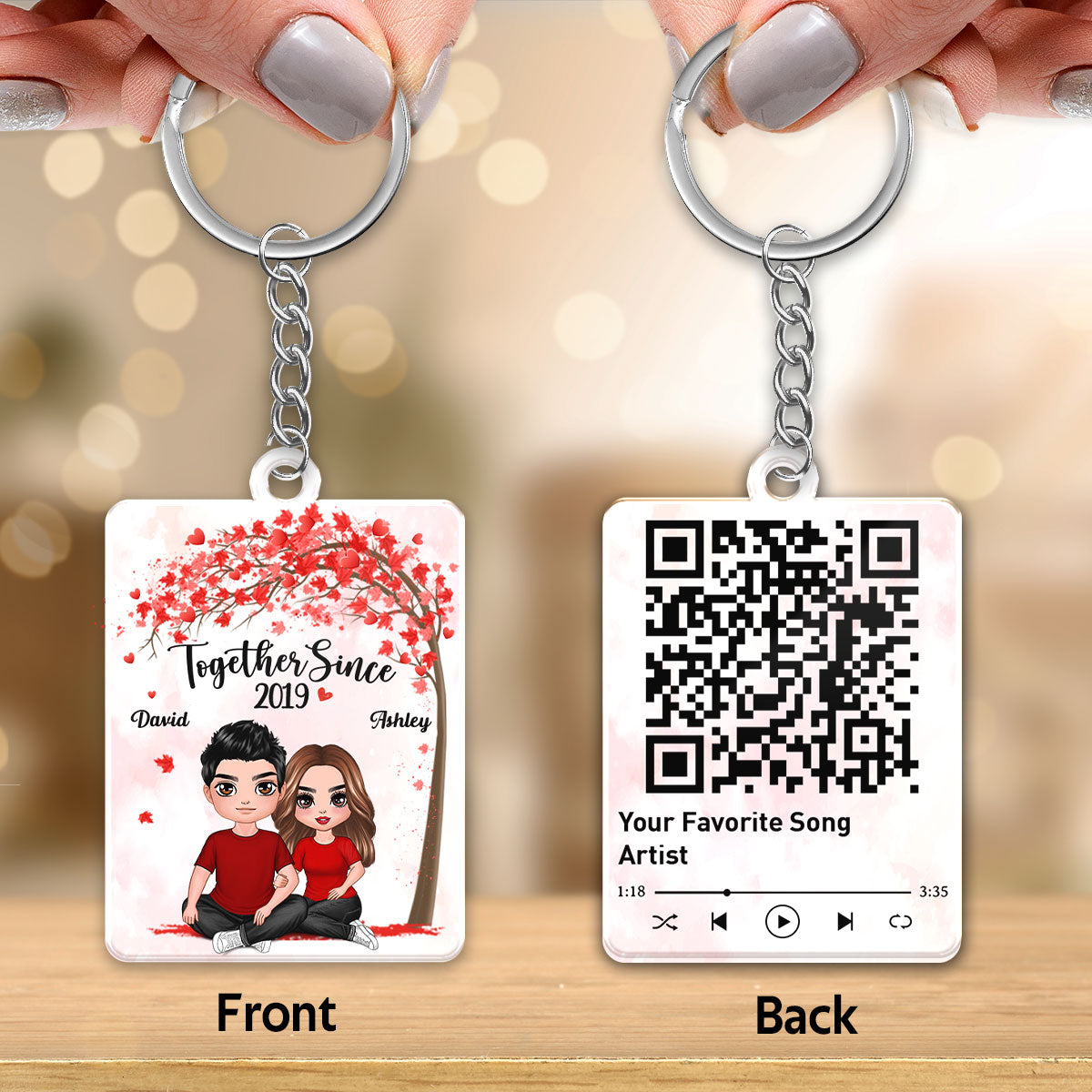 Embracing Couple Sitting Under Tree Favorite Song Scannable QR Code Personalized Acrylic Keychain