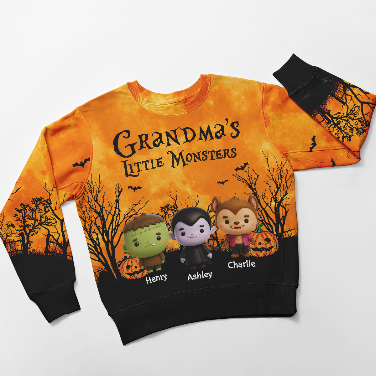 Grandma Mom Little Monsters Halloween Moon Light Bat Tree Personalized 3D Sweat Shirt, Purrfect Costume for Grandma
