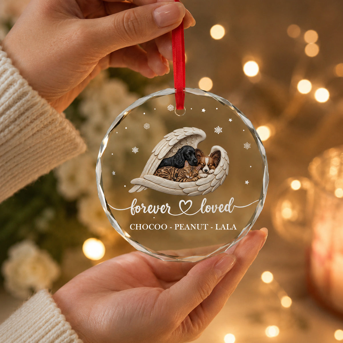 Custom Photo Sleeping Dog Cat Angel - Personalized Glass Ornament - Heartfelt Memorial Keepsake for Loved Ones