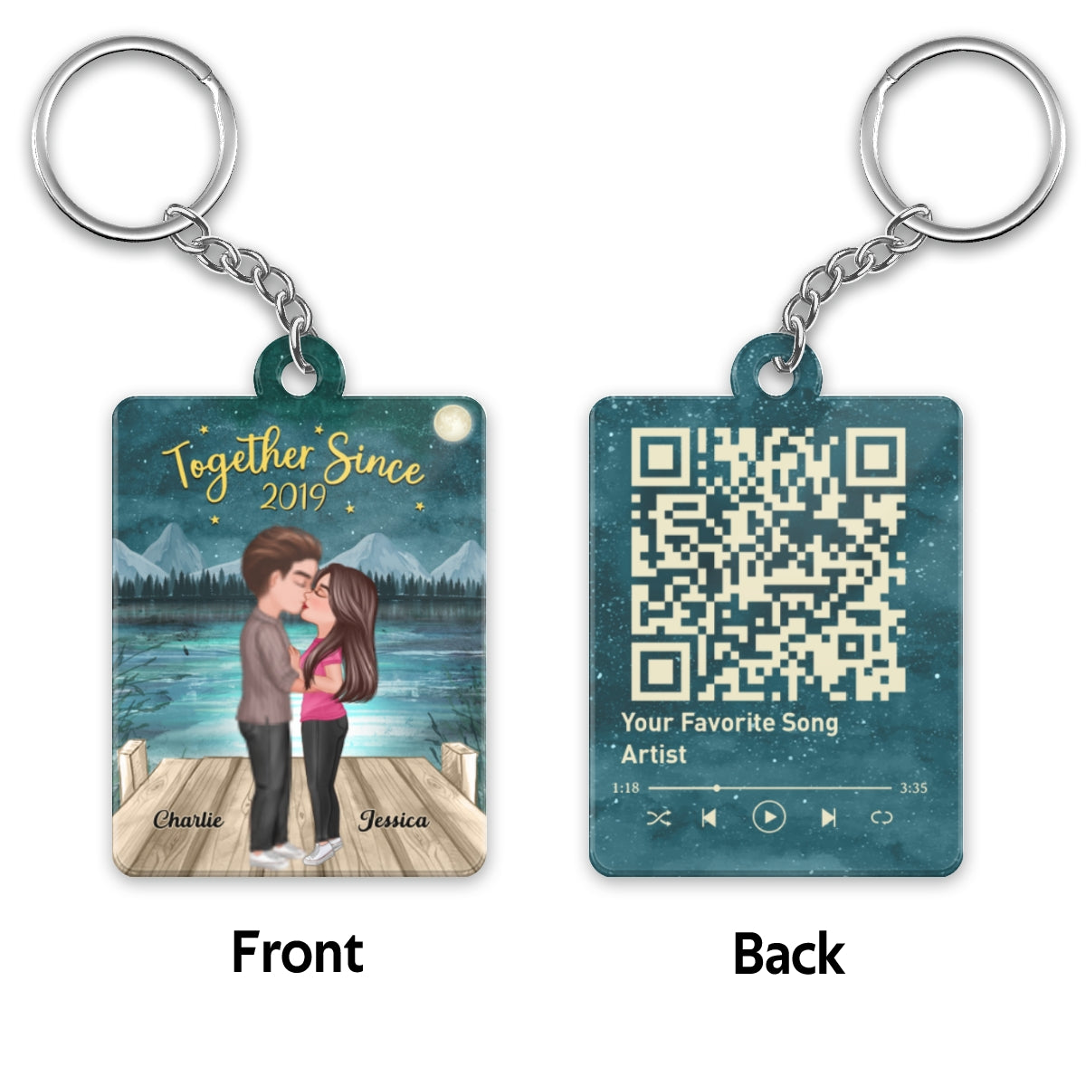 Doll Couple Kissing In Green Moon Night Favorite Song Scannable QR Code Personalized Acrylic Keychain